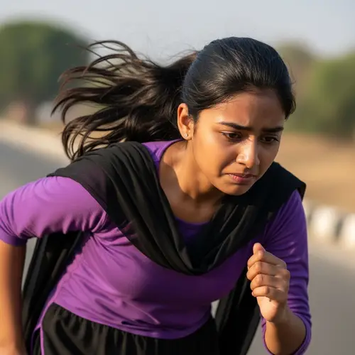 Expressive South Asian Girl Running in Purple and Black Outfit