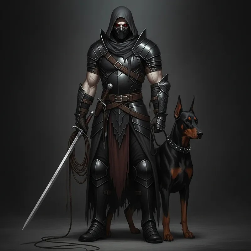 Dark Gothic Male Warrior in Black Armor with Red Eyes