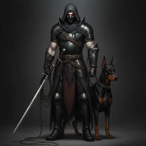 Dark Gothic Male Warrior with Red Eyes and Black Armor