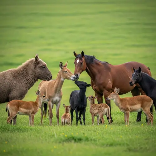 Diverse Wildlife Interaction in Lush Green Field