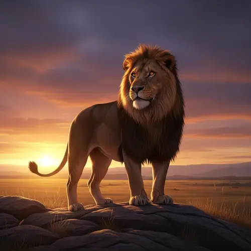 Majestic Lion Atop Rocky Cliff - Golden Savannah Sunset View