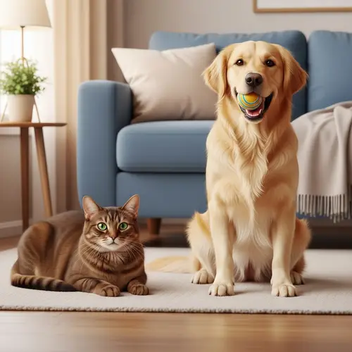 Cozy Friendship Between Cat and Golden Retriever in Living Room