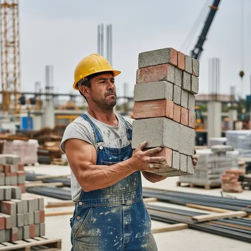 Hispanic Construction Worker Hoisting Bricks - Determination at Work