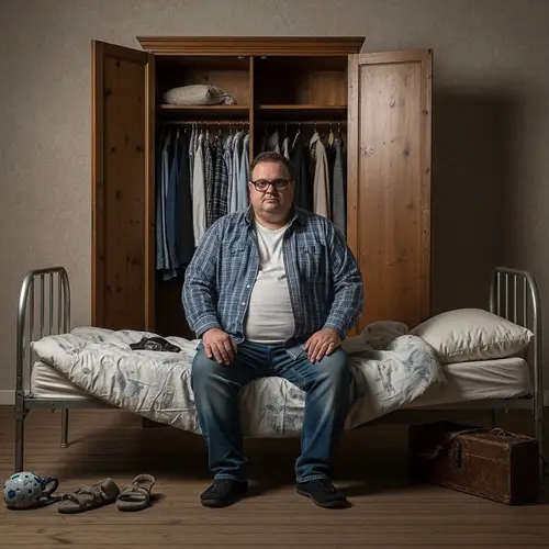 Overweight Man Sitting on Broken Bed | Dilapidated Wardrobe Scene