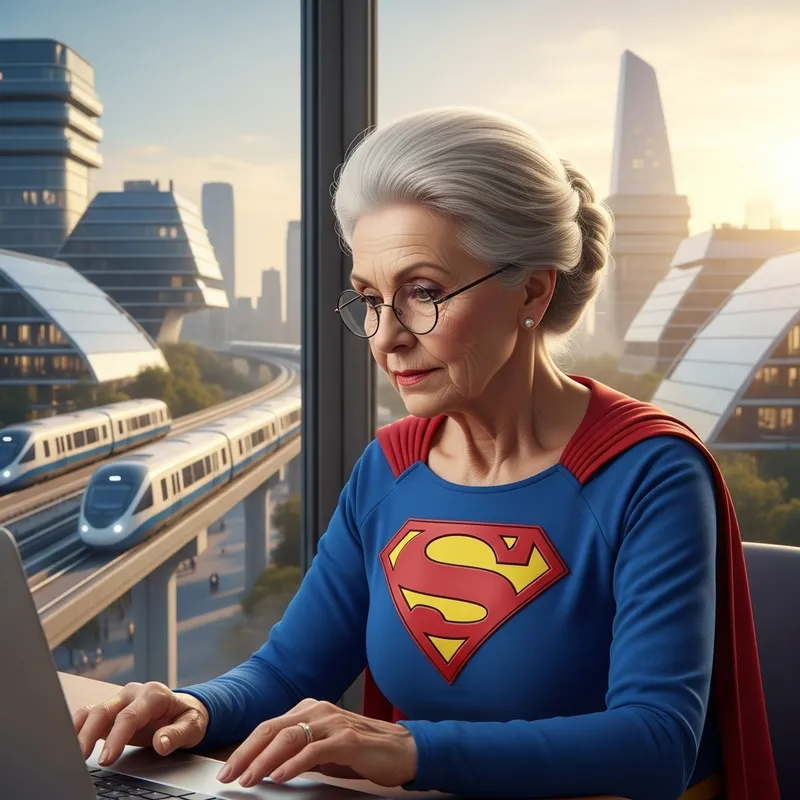 Elderly Woman in Superman Costume Working on Laptop | Futuristic Train Background