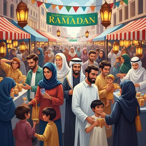 Vibrant Ramadan Market Painting with Diverse Individuals