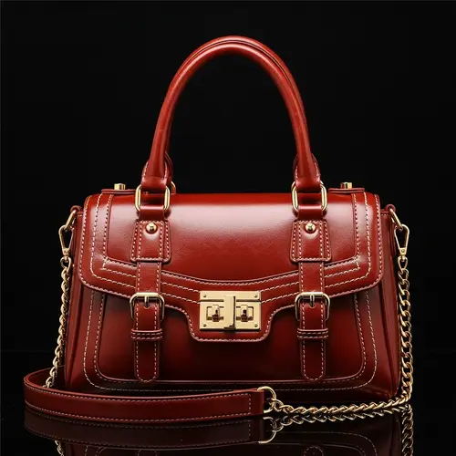 Designer-Style Faux Leather Handbag with Golden Embellishments