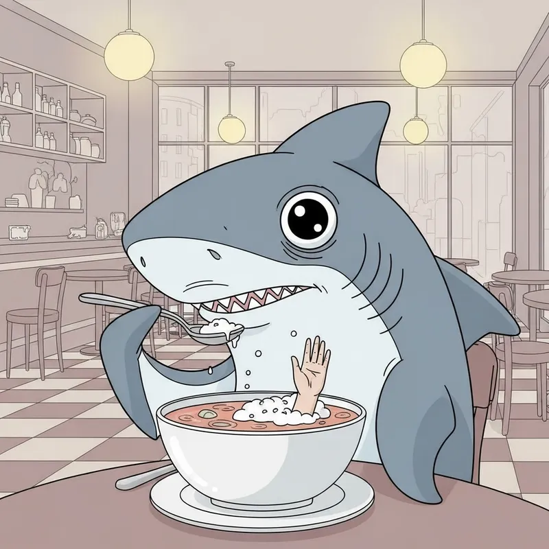 Menacing Shark Devouring Human Hand Soup in Bistro | Cartoon Illustration