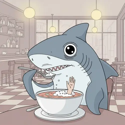 Cartoon Shark Eating Soup in Bistro | Illustration