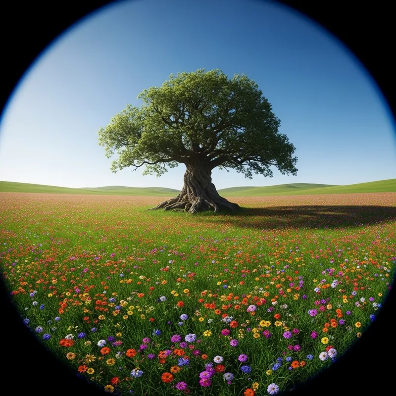 Surreal Floating Tree in Colorful Flower Field