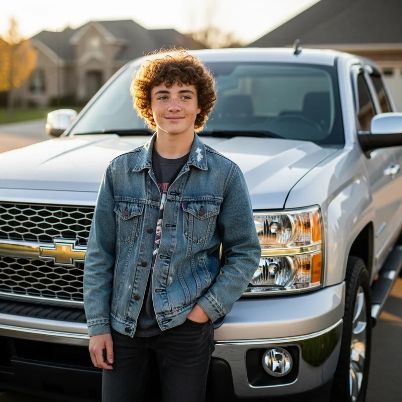 Curly Haired Teenage Boy with Freckles | Silver Toyota Tacoma Curly Haired Teenage Boy with Freckles | Silver Toyota Tacoma