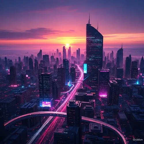 Futuristic Cityscape Painting at Sunset | Vibrant Neon Colors