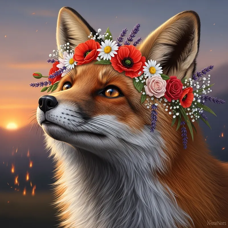 Enchanting Fox with Floral Wreath | Captivating Wildlife Image