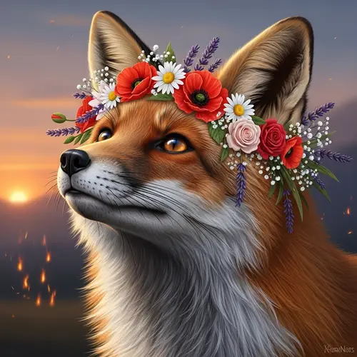 Beautiful Fox with Flower Garland | Enchanting Wildlife Image