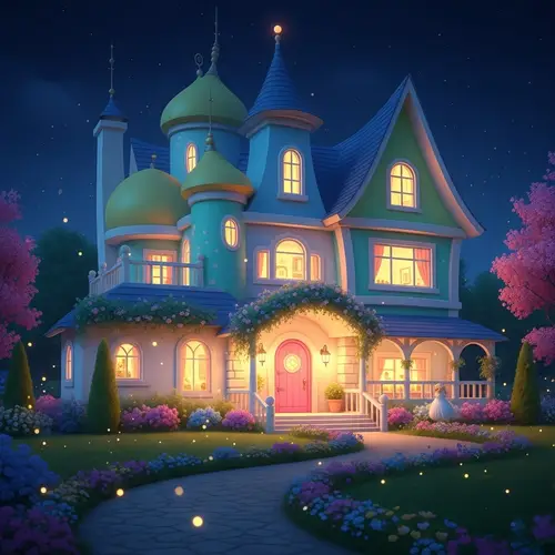 Enchanting Pastel-Colored Fairytale House at Night