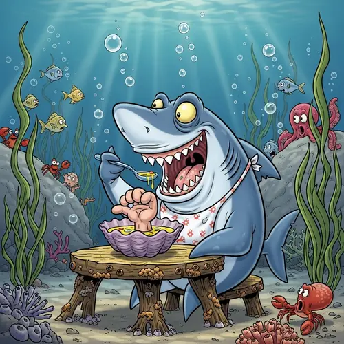 Humorous Shark Eating Soup Undersea | Cartoon-style Image
