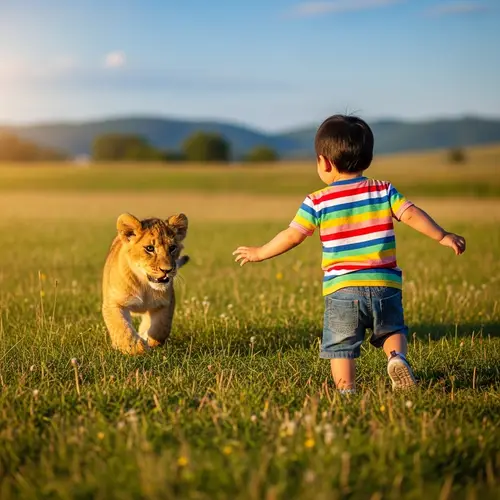 Asian Baby Boy Chasing Lion Cub in Grass Field