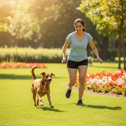 Playful Park Scene: Middle-Eastern Female Chasing Dog