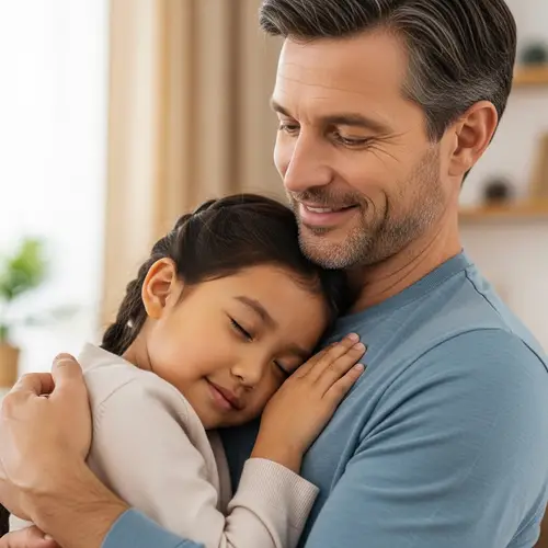 Caucasian Father Embracing Asian Daughter | Deep Familial Bonds