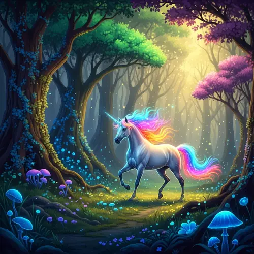 Mystical Unicorn Prancing in Dreamlike Forest | Fantasy Scene