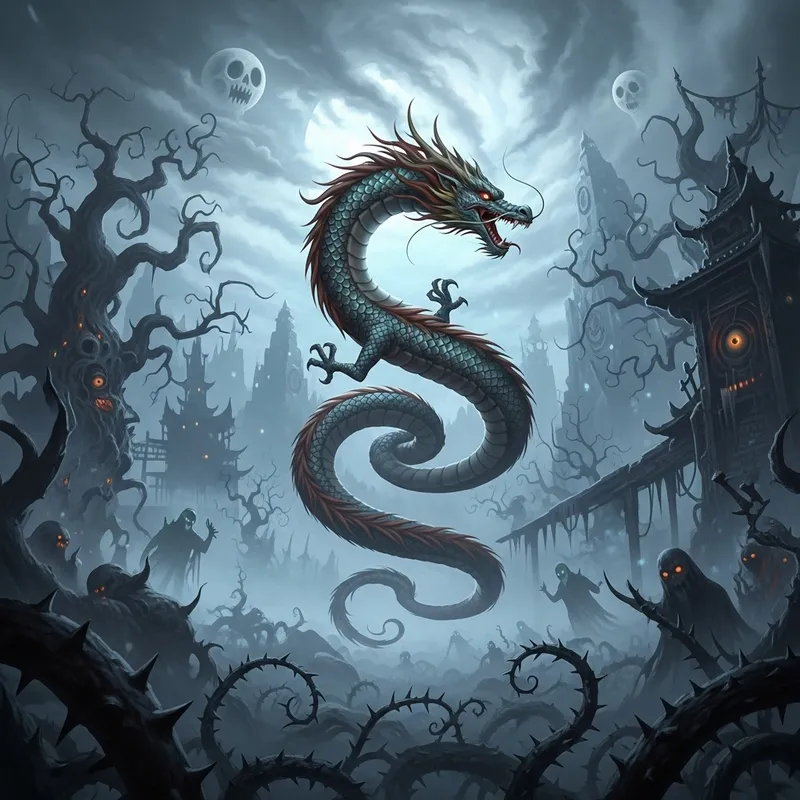 Eerie Chinese Dragon against a Spooky Backdrop