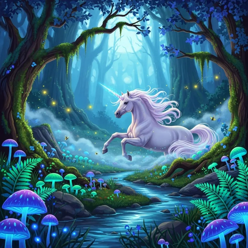 Enchanting Unicorn in Mythical Woodland Glade Artwork
