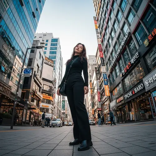 Dynamic City Scene with Young Korean Woman | Modern Urban Fashion