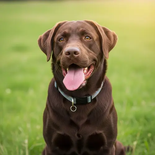 Happy Brown Labrador Retriever Enjoying Sunshine in Green Field