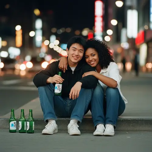 Romantic Night Scene: Young Couple Enjoying Soju Together