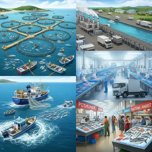 Complete Fish Production Cycle: Fishing, Processing, Distribution