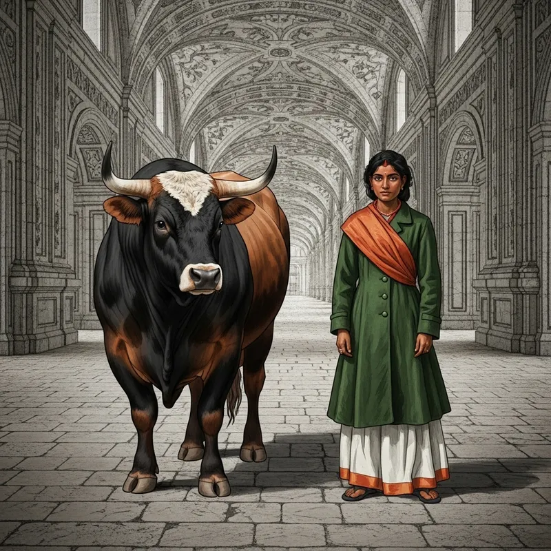 Bull and Person in Green Coat Standing on Pavement | Realist Art