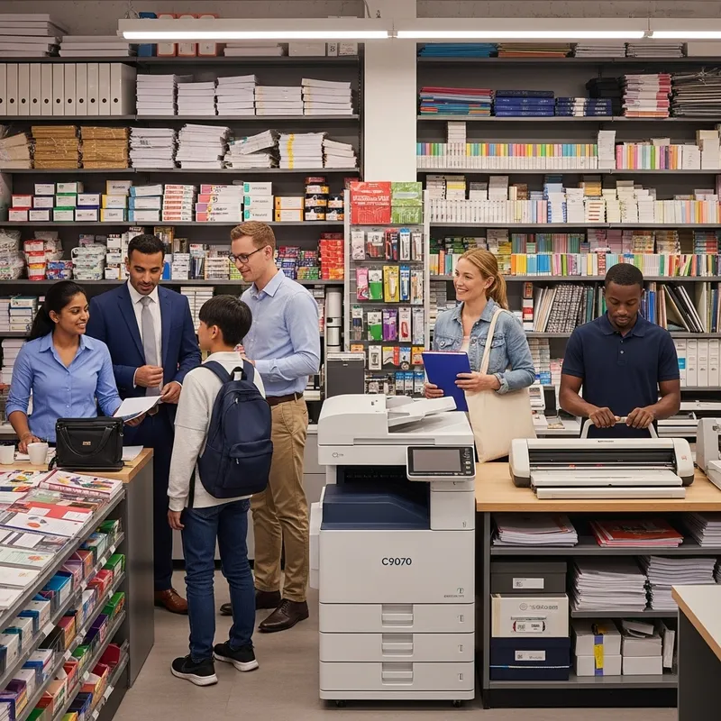 Vibrant City Center Print Shop: Diverse Staff & Premium Services