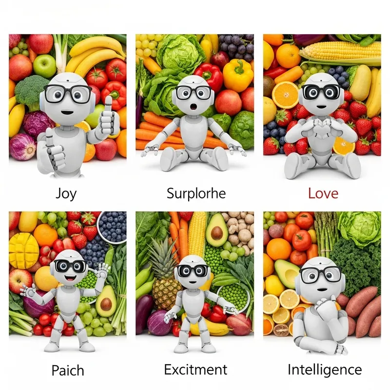 White Robot Eva Expresses Various Emotions in Fruit and Vegetable Background White Robot Eva Expresses Various Emotions in Fruit and Vegetable Background