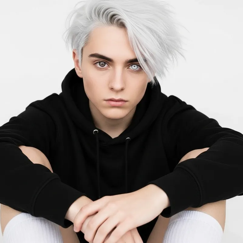 Androgynous Teen with Unique White Hair & Two-Colored Eyes in Black Hoodie