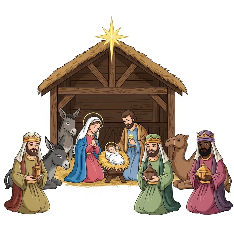 Beautiful Nativity Scene Drawing with Mary, Joseph, Jesus & Wisemen