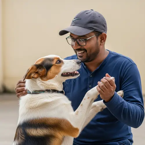 Joyful South Asian Man Playing with Tri-color Dog - Friendship Bond