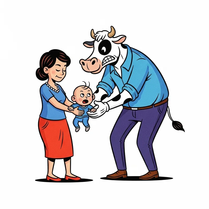 Playful Cow Cartoon Snatching Baby in Intense Action