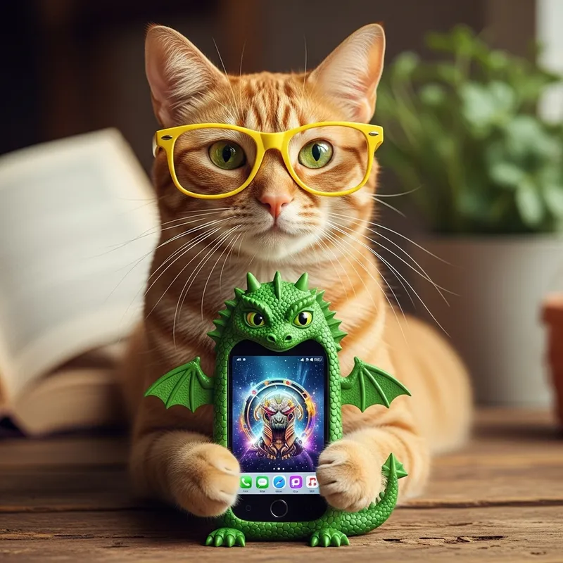 Cat in Yellow Glasses with Dragon Smartphone