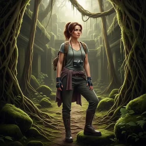 Adventure Woman in Ancient Jungle Ruin - Explore History