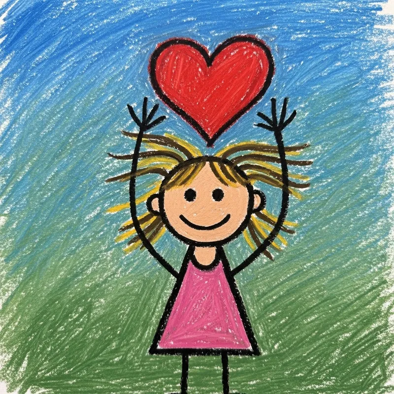 Whimsical Crayon Art: Child Lifting Heart Drawing