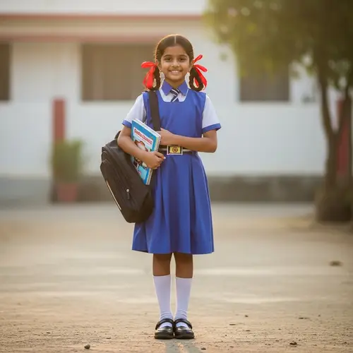 South Asian School Girl with Pigtails and School Bag