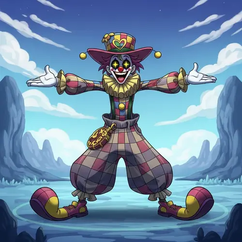 Mischievous Clown Character in Chaotic Outfit