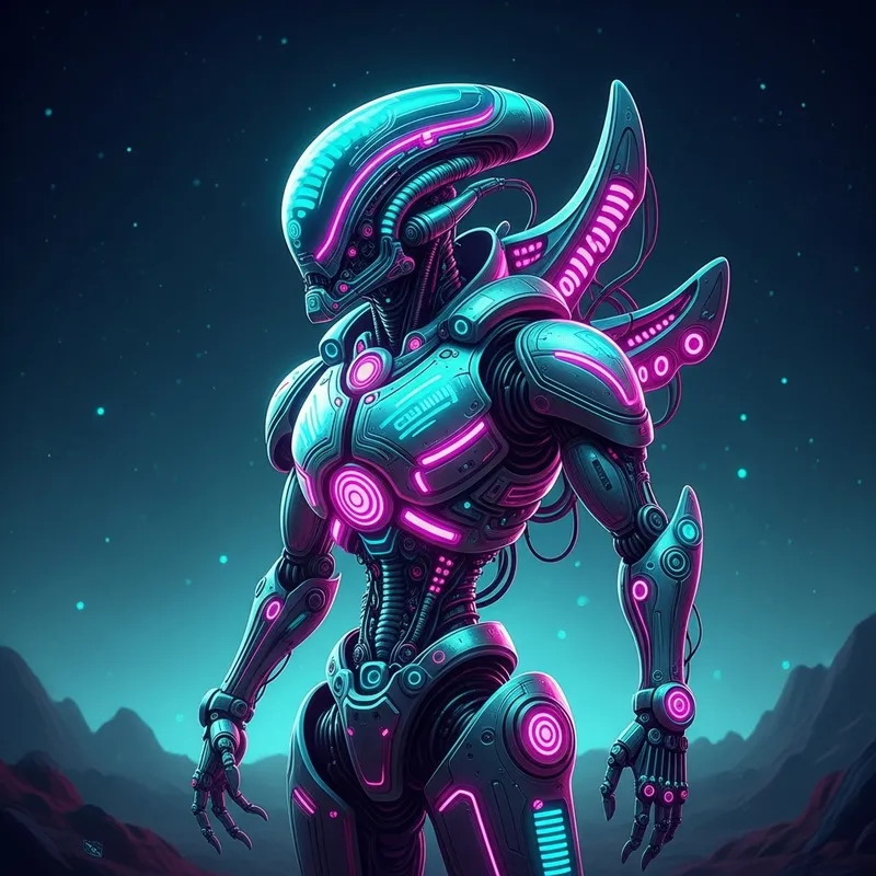 Futuristic Alien Robot in Neon: Hi-Tech Extraterrestrial Design