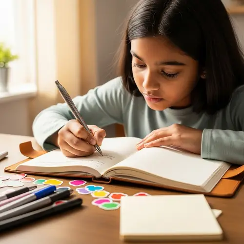 Young South Asian Girl Writing in Leather Journal