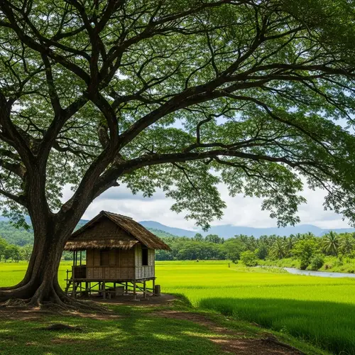 Tranquil Bamboo Hut in Vibrant Field