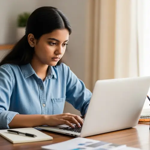 South Asian Girl Typing on Modern Laptop with Intense Concentration