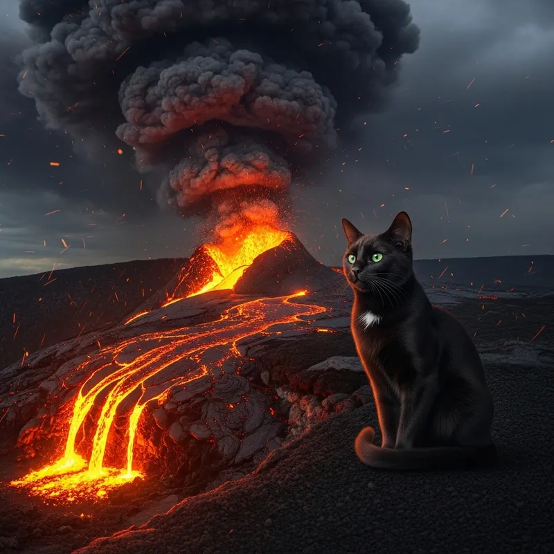 Cat in Volcano: Serene Amidst Lava