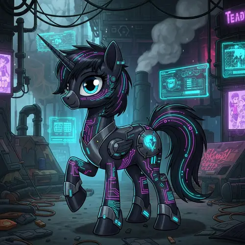 Futuristic Black Cyberpunk Pony - Neon & Circuit Elements