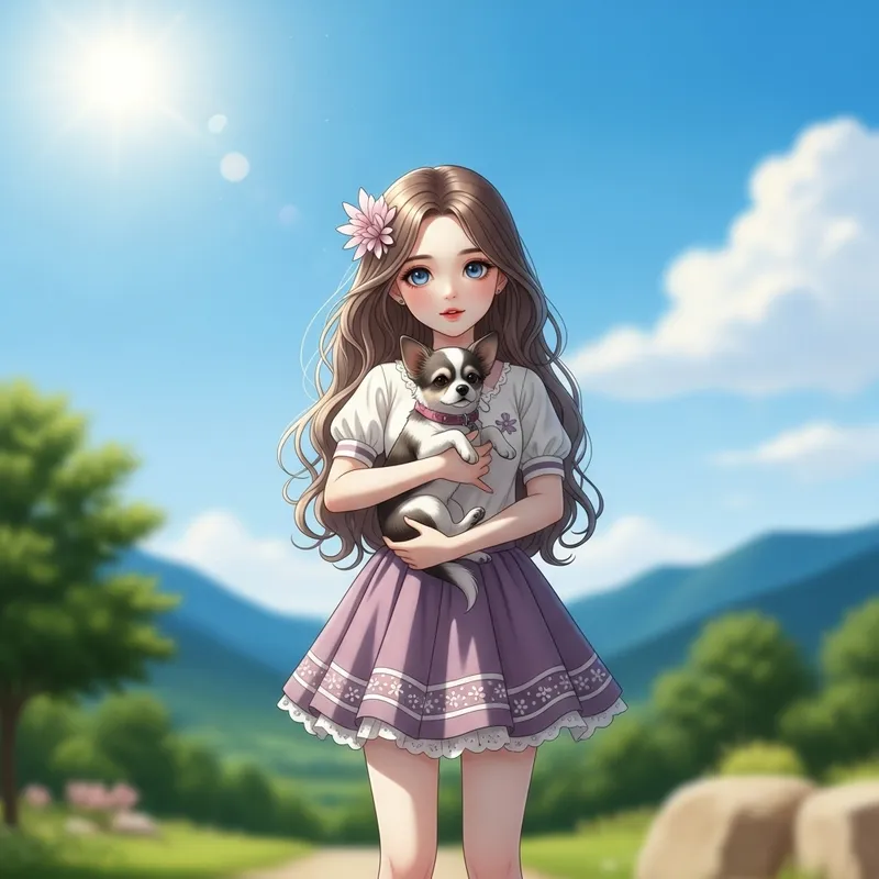 Ethereal Doll-Like Beauty Holding Puppy Outdoors