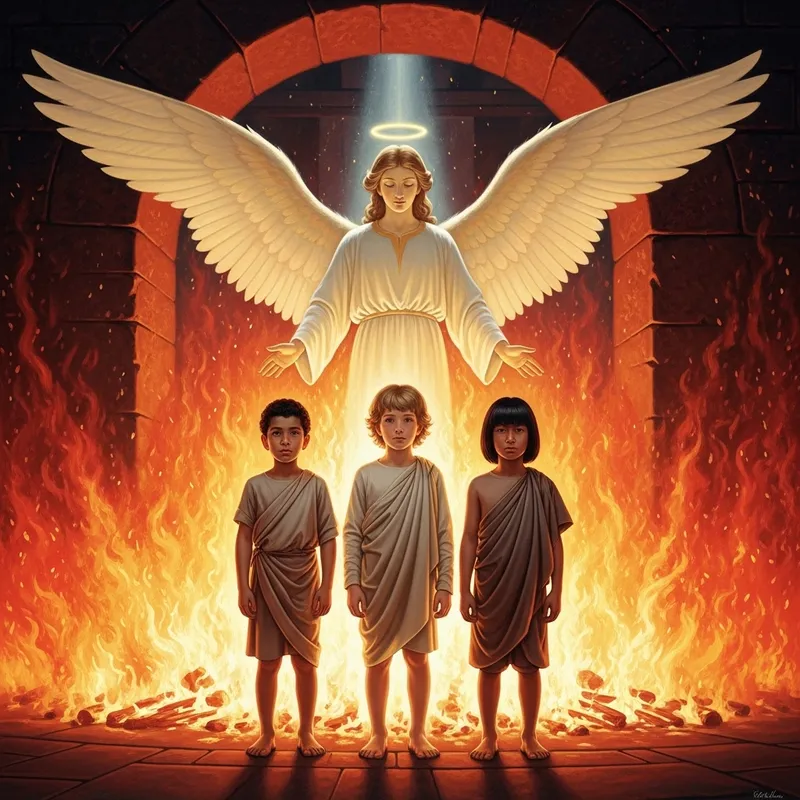 Three Boys with an Angel in Fiery Furnace Three Boys with an Angel in Fiery Furnace